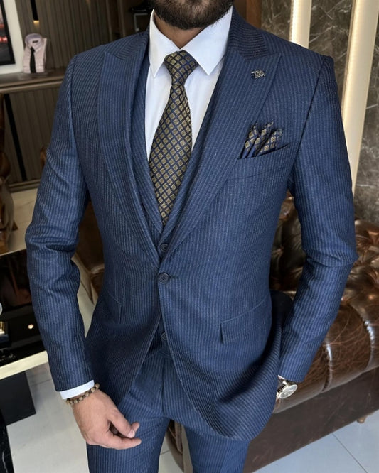 Atwood Gentle Dark Navy Striped Peaked Lapel Three Pieces Business Suits