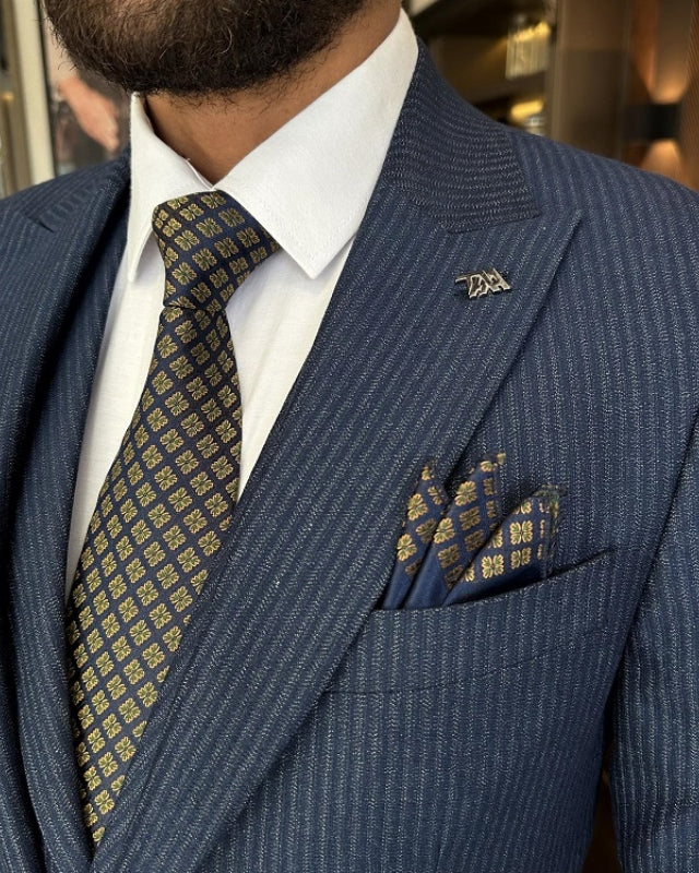 Atwood Gentle Dark Navy Striped Peaked Lapel Three Pieces Business Suits