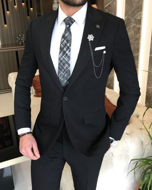 Chic Black Best Fitting Three Pieces Peaked Lapel Business Men Suits