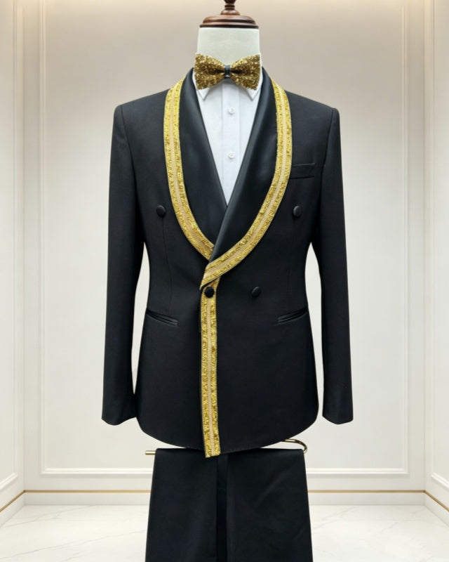 Stylish Black Double Breasted Shawl Lapel Wedding Suits With Golden Webbing