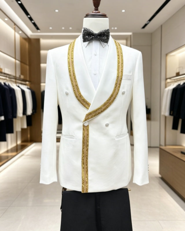 Mild White Double Breasted Shawl Lapel Wedding Suits With Golden Webbing