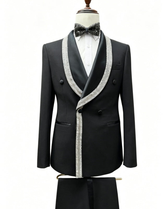 Latest Black Double Breasted Shawl Lapel Wedding Suits With Silver Webbing