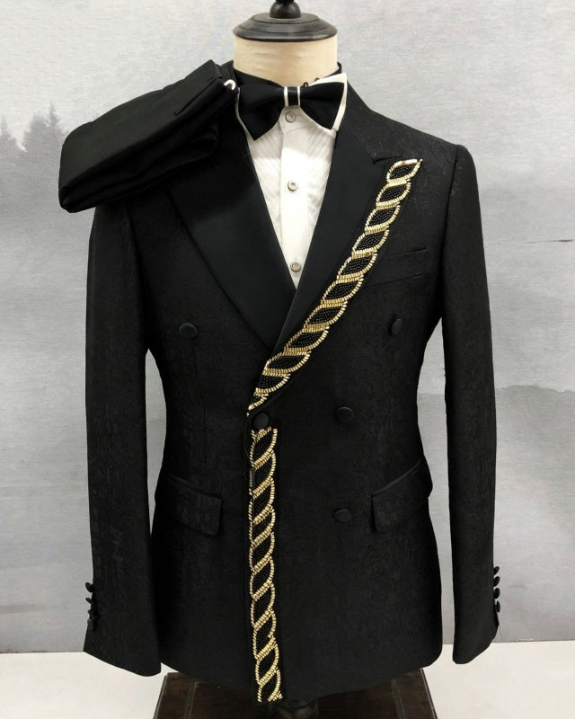 New Arrival Black Jacquard Double Breasted Prom Suits With Beadings