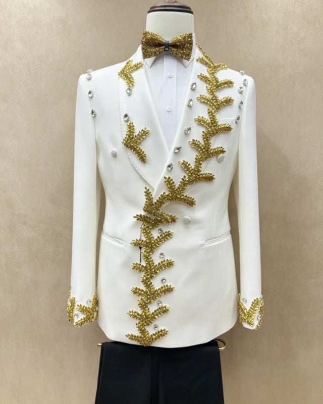 New Arrival White Double Breasted Shawl Lapel Beadings Prom Suits With Crystals