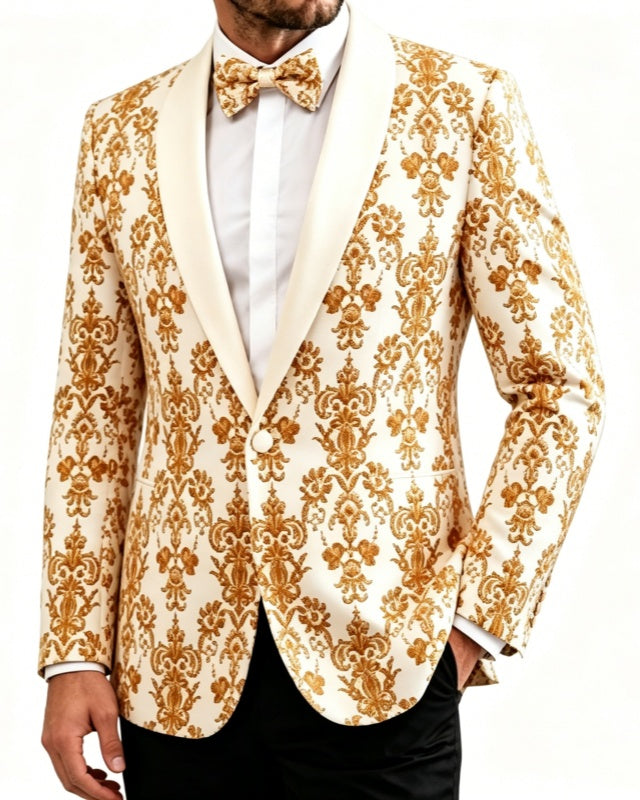 Latest Golden Jacquard Shawl Lapel Prom Men Suits